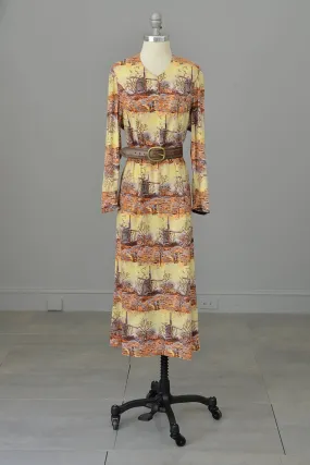 1970s Pastoral Windmills Novelty Print Velveteen Dress