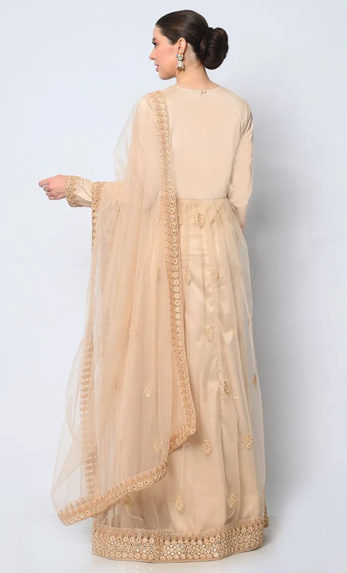2pc Heavy Foil Work Embroidered Sand Anarkali and Dupatta Set