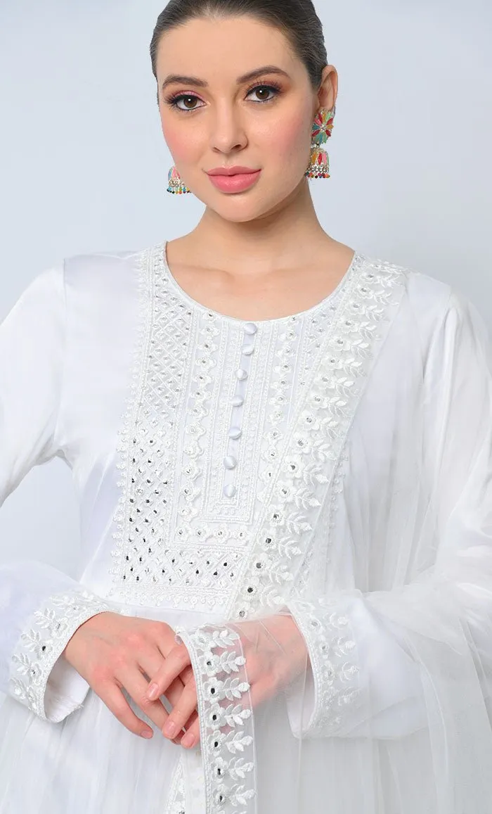 2pc Heavy Foil Work Embroidered White Anarkali and Dupatta Set