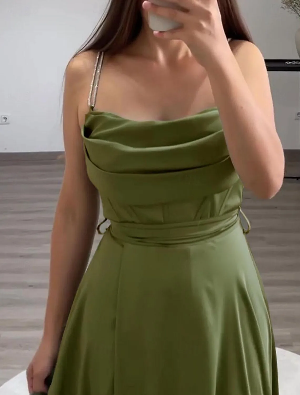 A-Line Evening Gown Elegant Dress Formal Floor Length Sleeveless Spaghetti Strap Italy Satin with Ruched