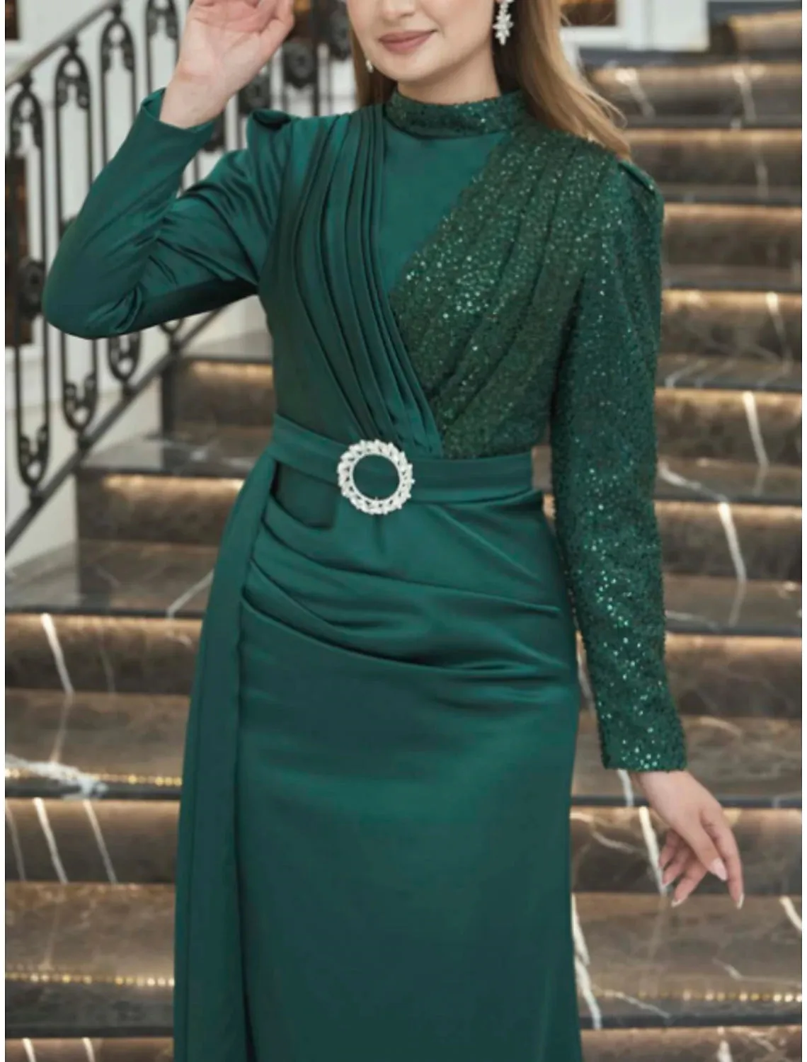 A-Line Evening Gown Sparkle & Shine Dress Formal Christmas Floor Length Long Sleeve High Neck Satin with Glitter Ruched