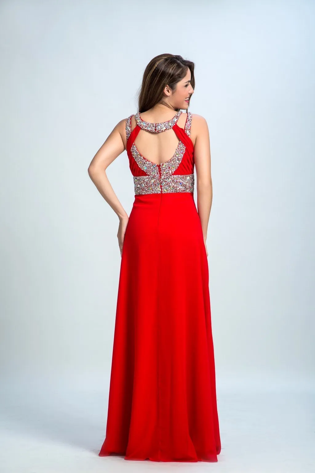 A-line Halter Floor-Length Satin Sequined Red Prom Dresses 2928