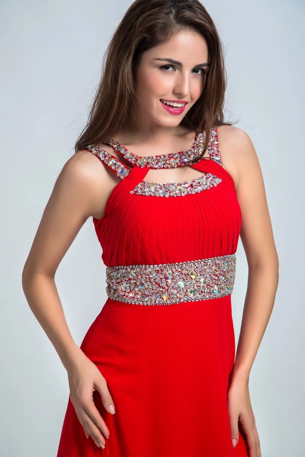 A-line Halter Floor-Length Satin Sequined Red Prom Dresses 2928