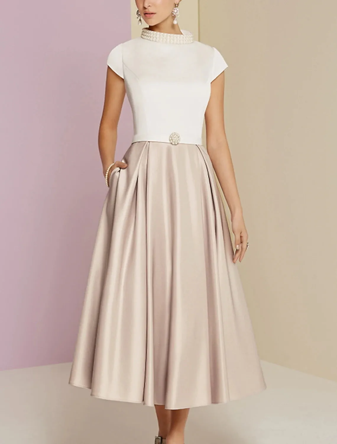 A-Line Mother of the Bride Dress Wedding Guest Vintage Tea Length Satin Short Sleeve with Pearls