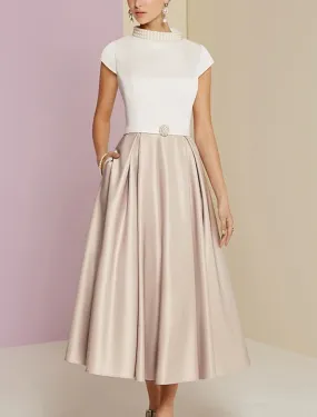 A-Line Mother of the Bride Dress Wedding Guest Vintage Tea Length Satin Short Sleeve with Pearls