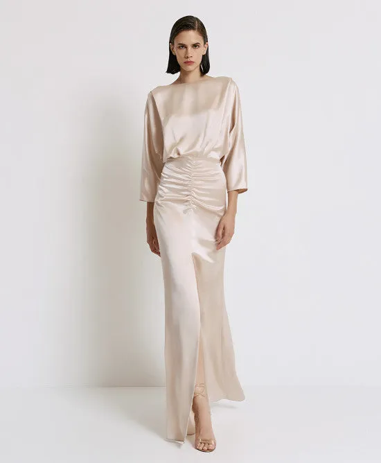 Access Fashion Cream Satin Maxi Dress With Gatherings And Slit