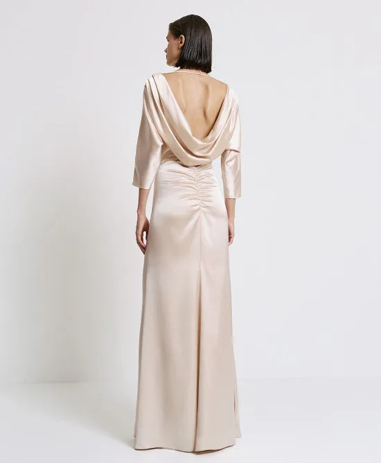 Access Fashion Cream Satin Maxi Dress With Gatherings And Slit