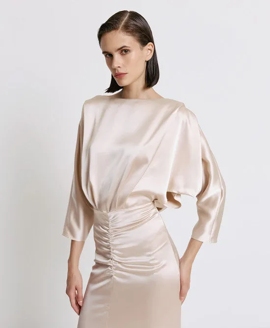 Access Fashion Cream Satin Maxi Dress With Gatherings And Slit