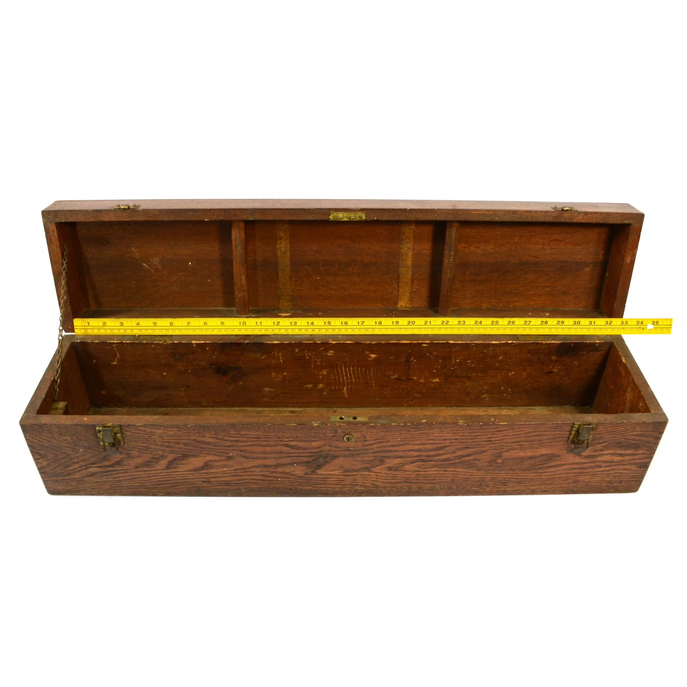 Antique CARPENTERS' TOOL BOX 33.5" Long HARDWOOD & BRASS CHEST Tiger Oak? c.19th