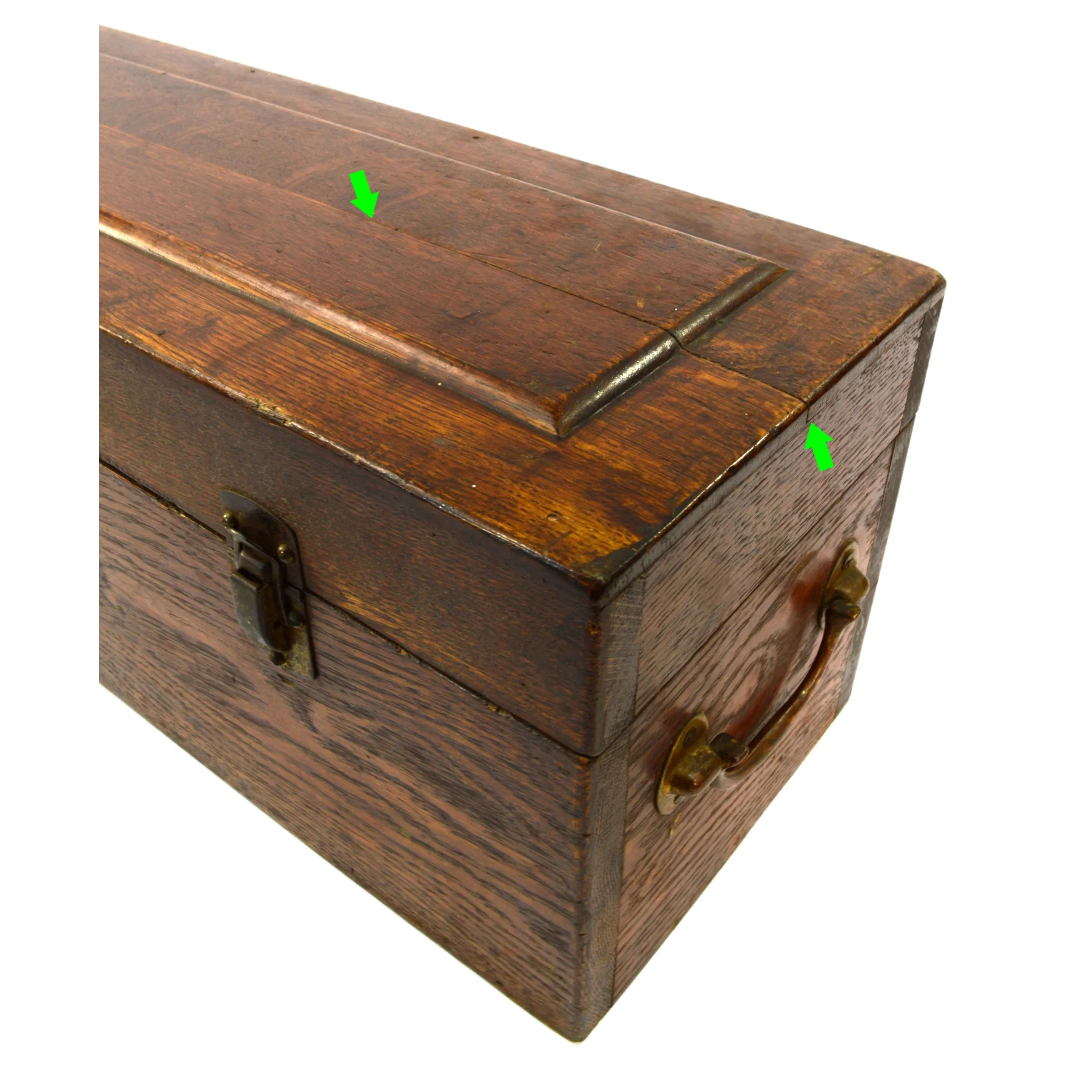 Antique CARPENTERS' TOOL BOX 33.5" Long HARDWOOD & BRASS CHEST Tiger Oak? c.19th