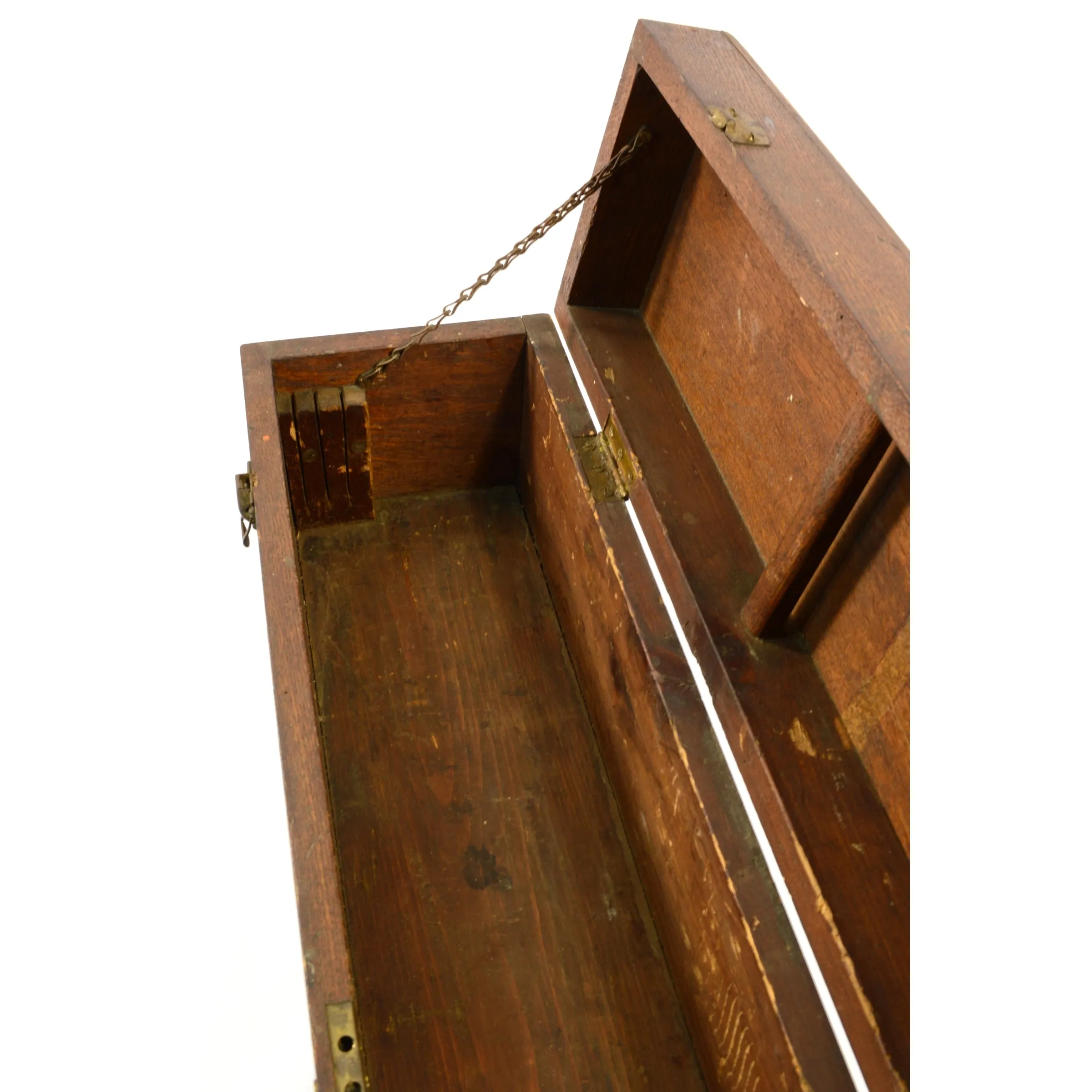 Antique CARPENTERS' TOOL BOX 33.5" Long HARDWOOD & BRASS CHEST Tiger Oak? c.19th