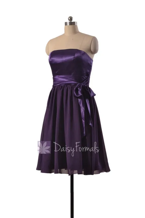 Attractive Knee Length Purple Party Dress Strapless Prom Dress W/Satin Sash(BM3727)