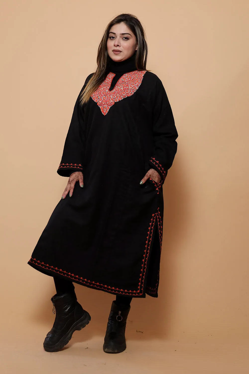 Black Color Kashmiri  Work Embroidered Phiran Enriched With Mechine Sozni Neckline Pattern