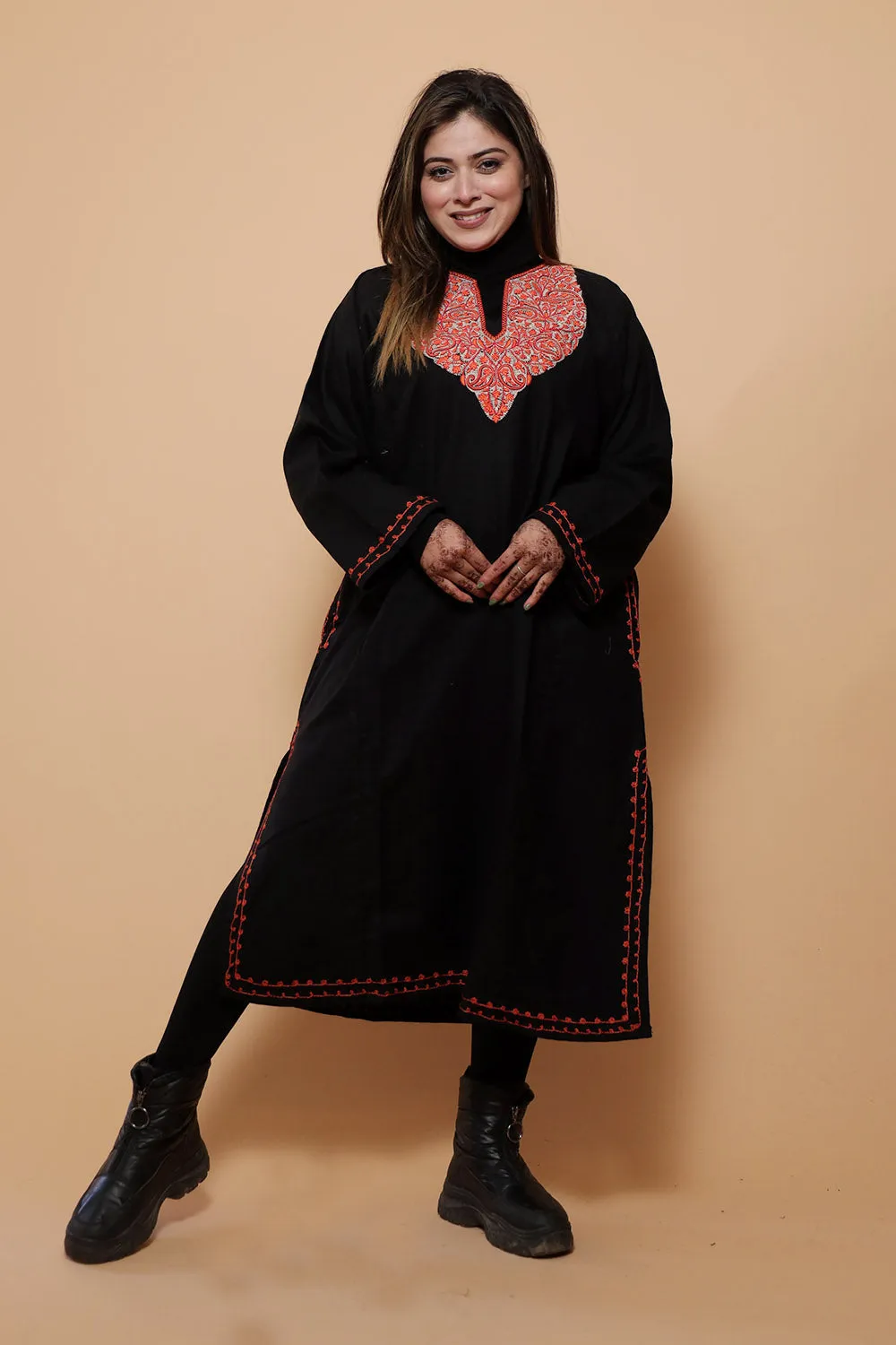 Black Color Kashmiri  Work Embroidered Phiran Enriched With Mechine Sozni Neckline Pattern