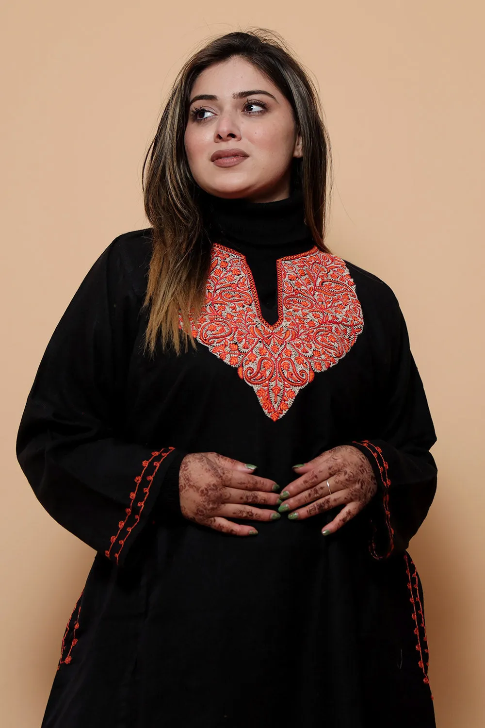 Black Color Kashmiri  Work Embroidered Phiran Enriched With Mechine Sozni Neckline Pattern