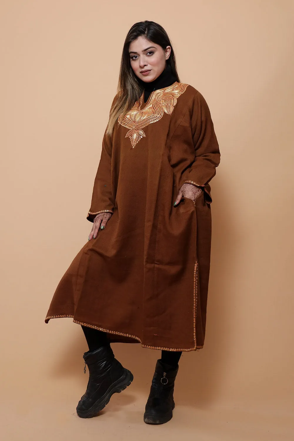 Brown Color Kashmiri  Work Embroidered Phiran Enriched With Zari Neckline Pattern