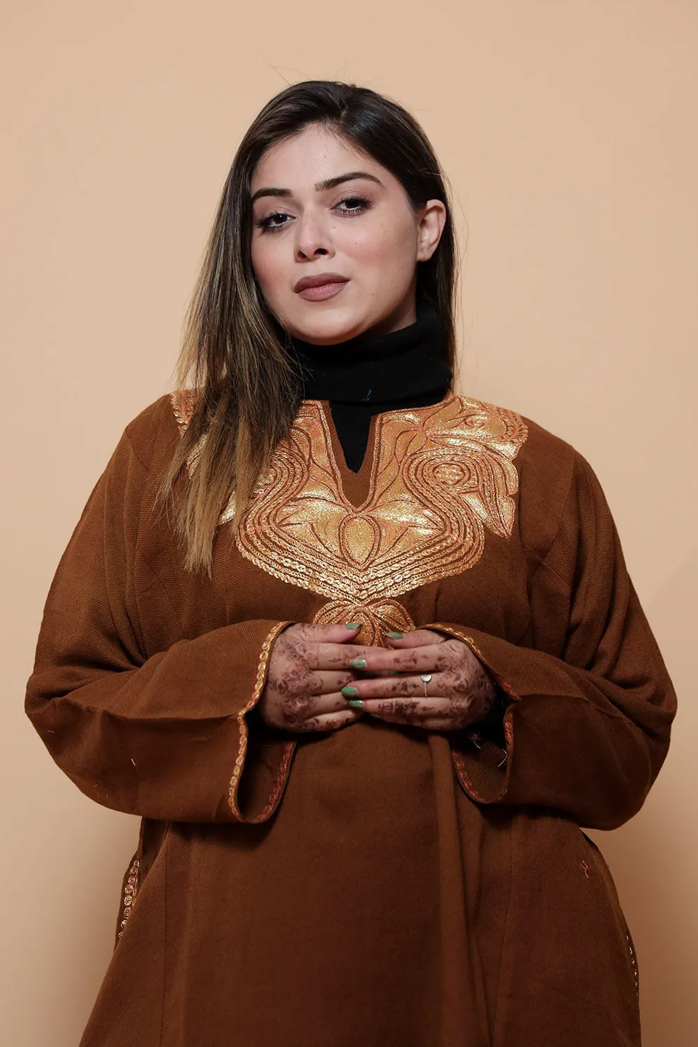 Brown Color Kashmiri  Work Embroidered Phiran Enriched With Zari Neckline Pattern