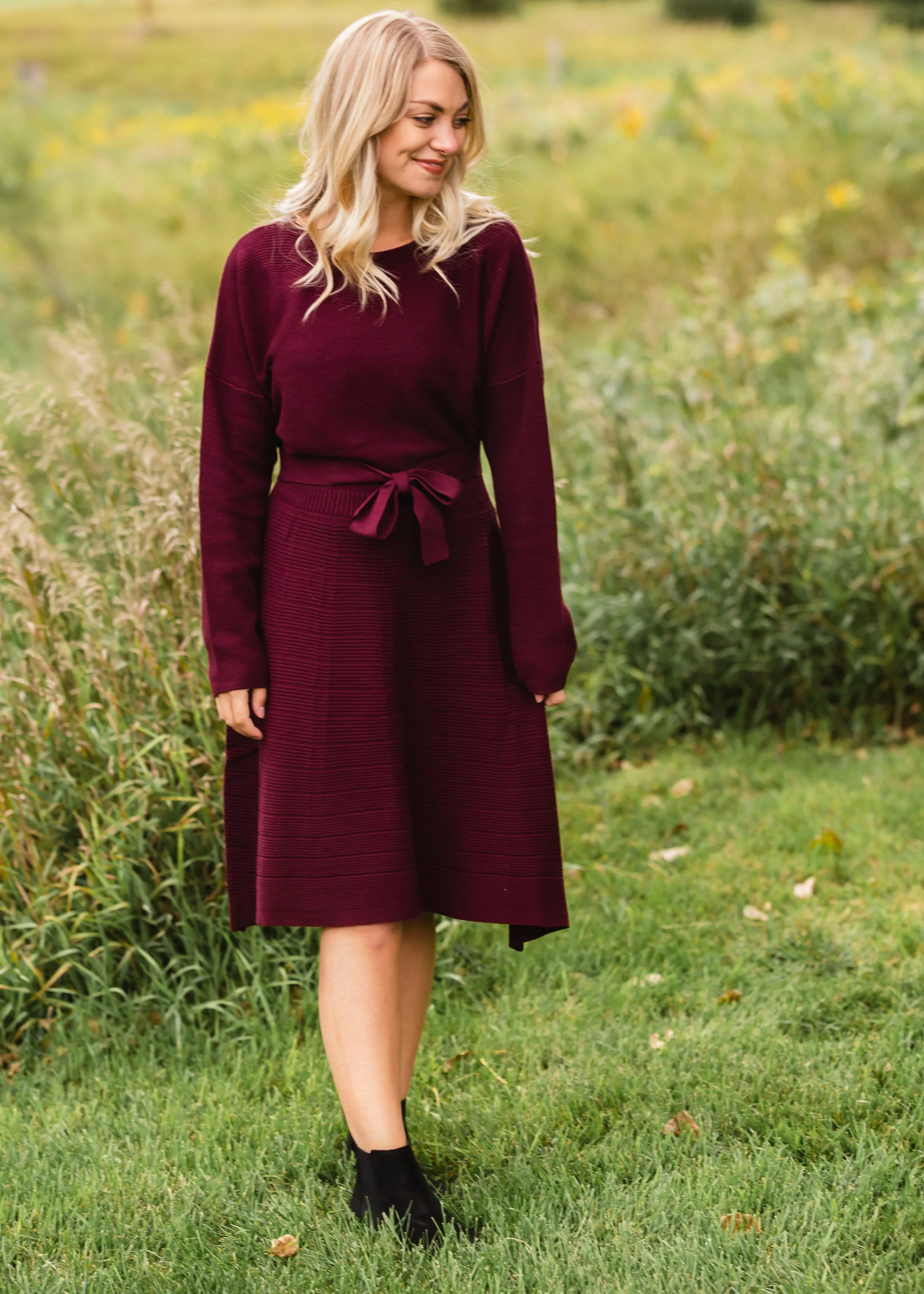 Burgundy Tie Waist Sweater Dress - FINAL SALE