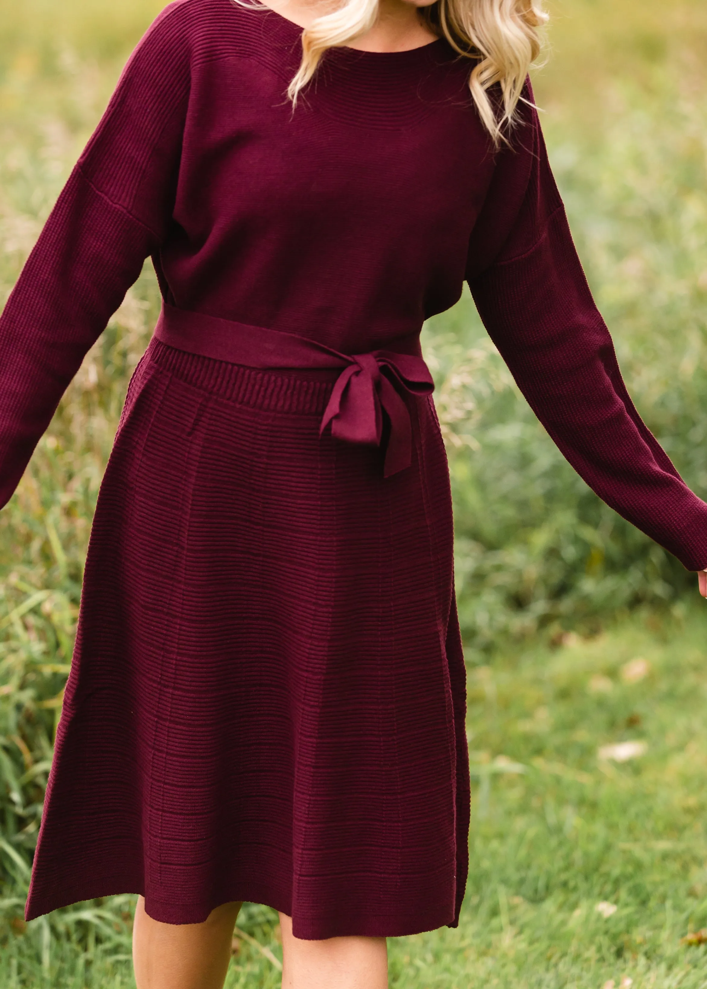 Burgundy Tie Waist Sweater Dress - FINAL SALE