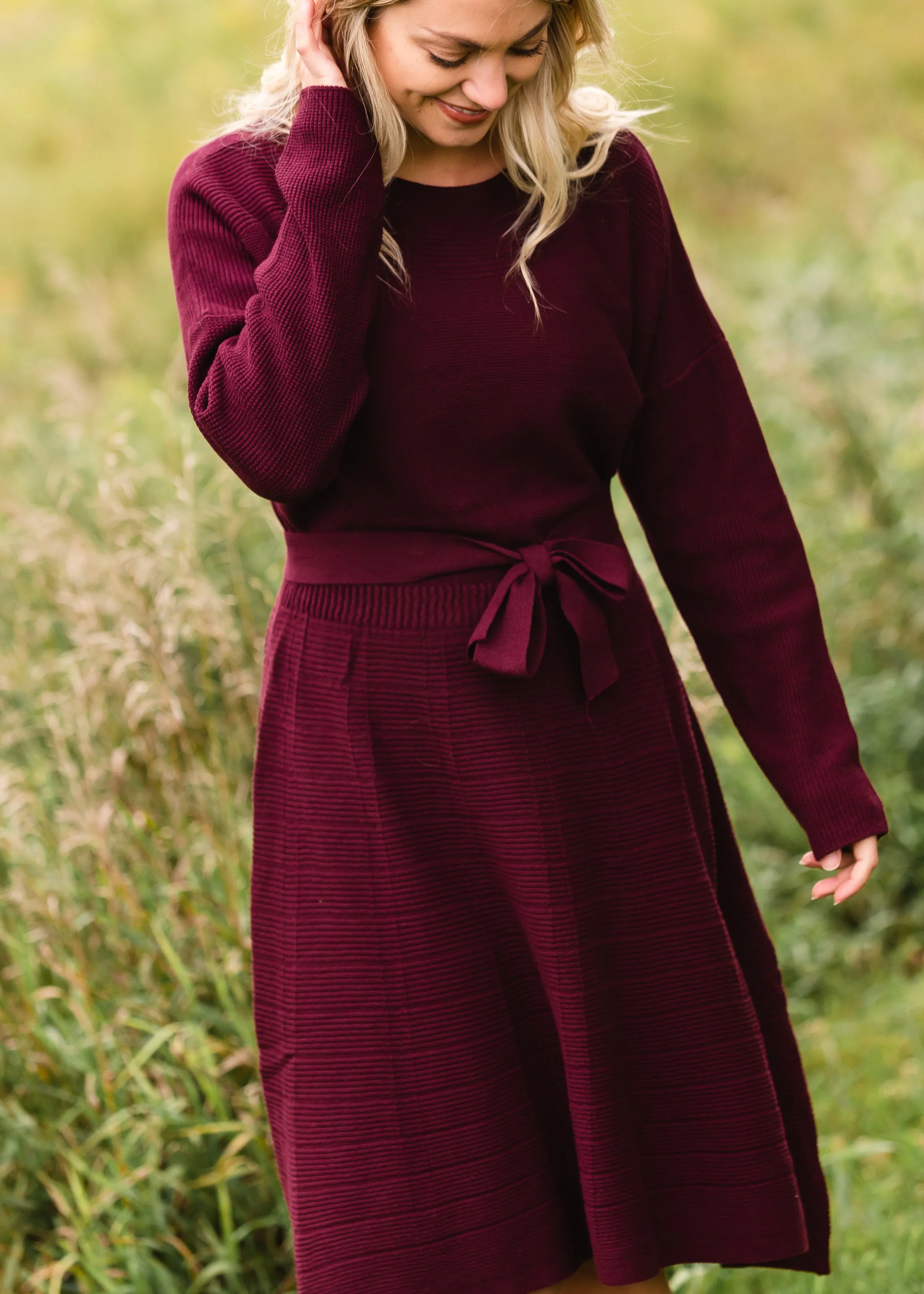 Burgundy Tie Waist Sweater Dress - FINAL SALE