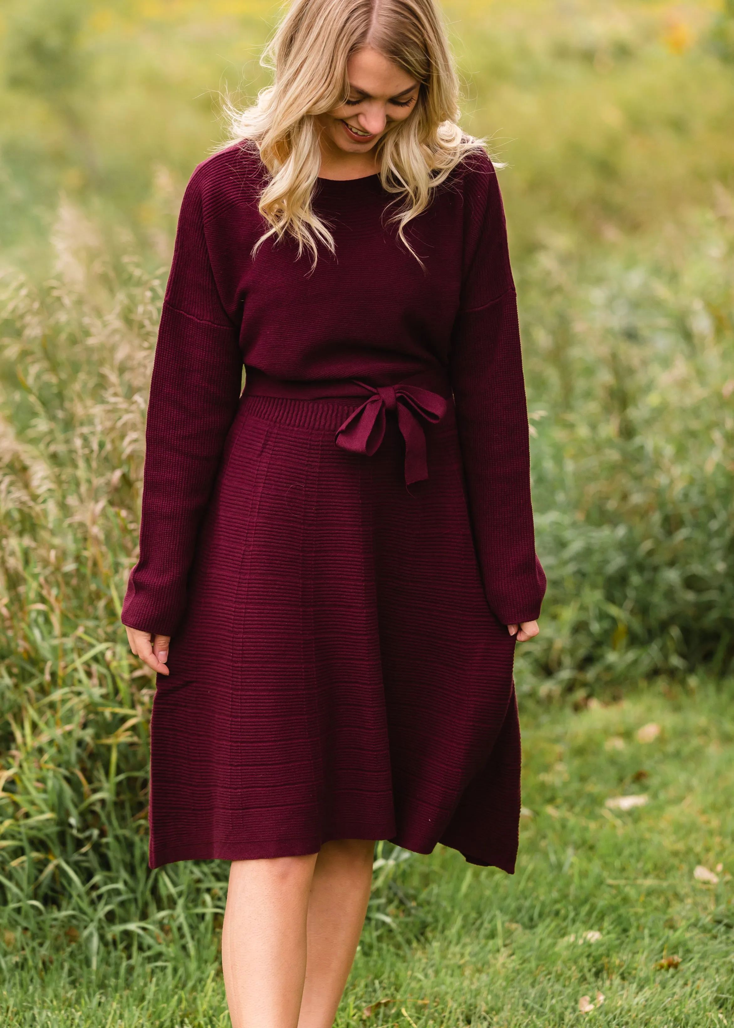 Burgundy Tie Waist Sweater Dress - FINAL SALE