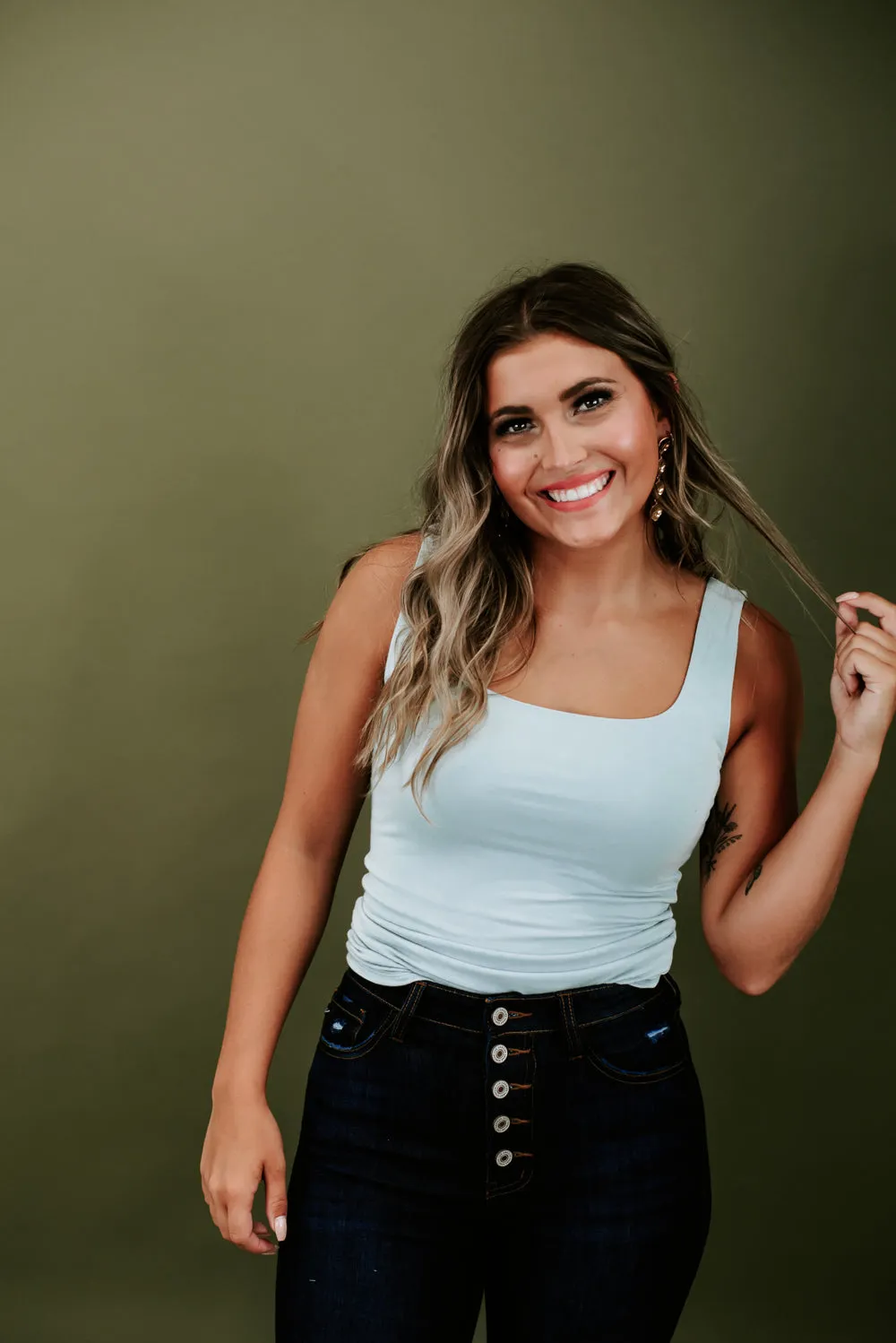 Double Layered Reg Length Tank, Dusty Sage