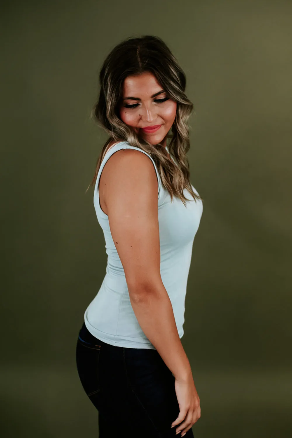 Double Layered Reg Length Tank, Dusty Sage