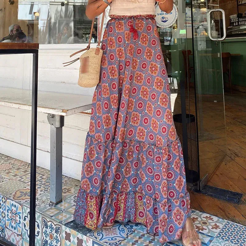 DressBetty - Elegant High Waist Vintage Patterned Print Boho Long Maxi Skirt
