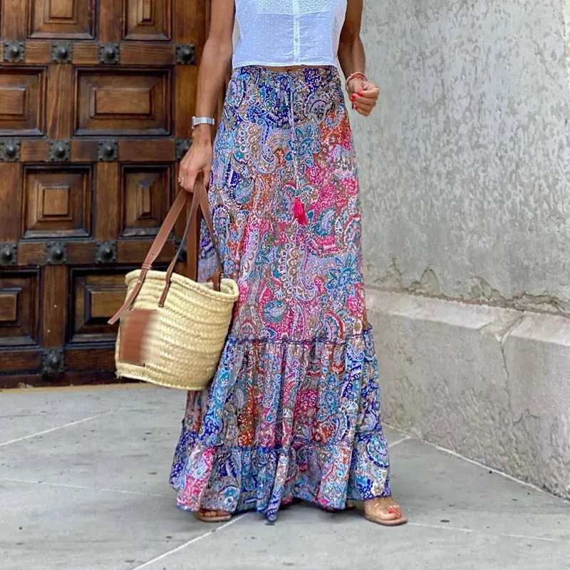 DressBetty - Elegant High Waist Vintage Patterned Print Boho Long Maxi Skirt
