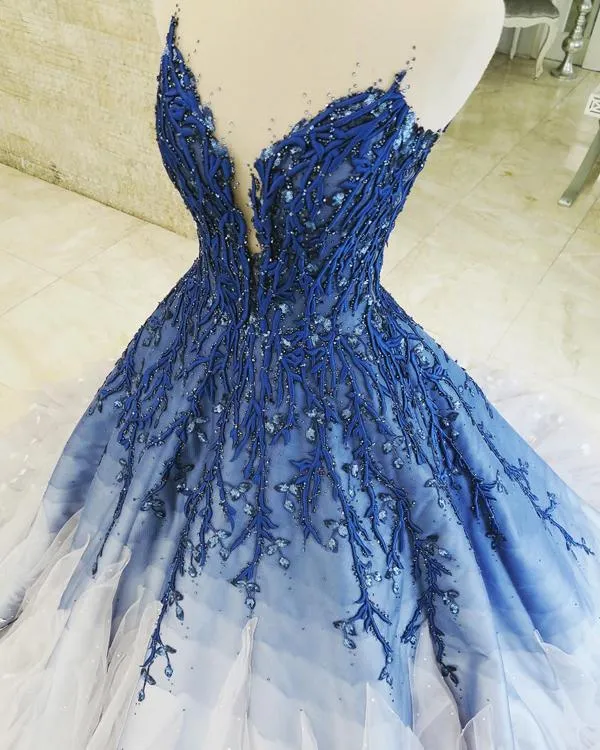 Elegant Royal Blue Ombre A-line Sweetheart Prom Dresses With Appliques, SP524