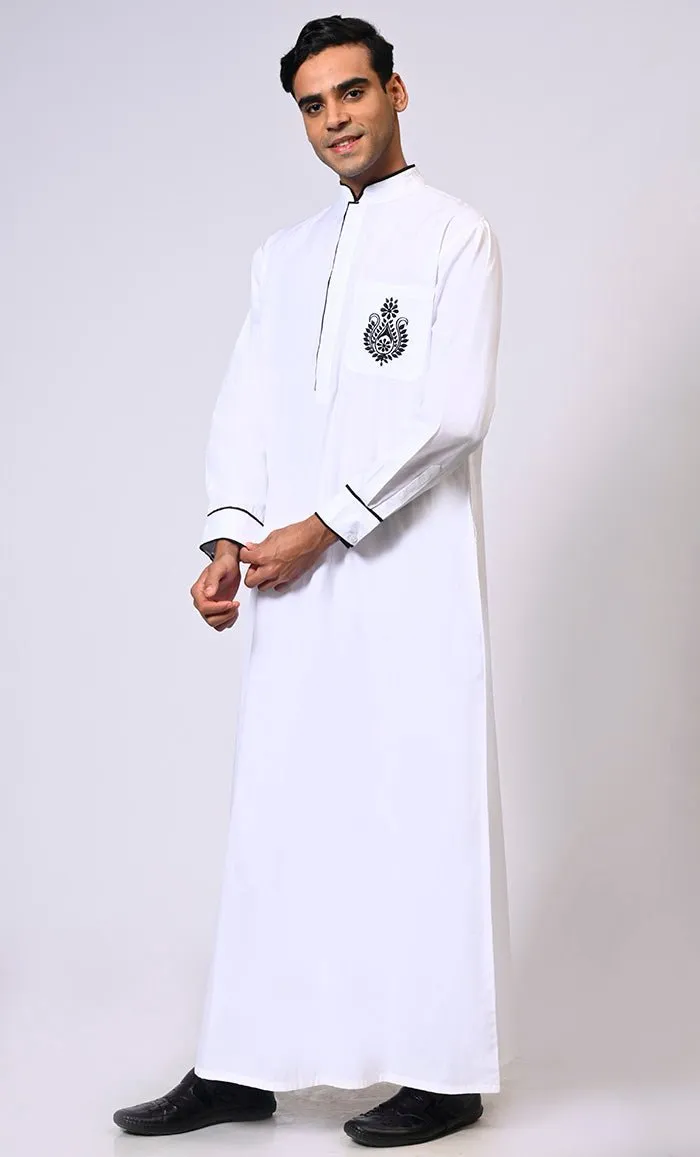 Elevated Elegance: Embroidered Men's White Thobe with Contrasting Trims