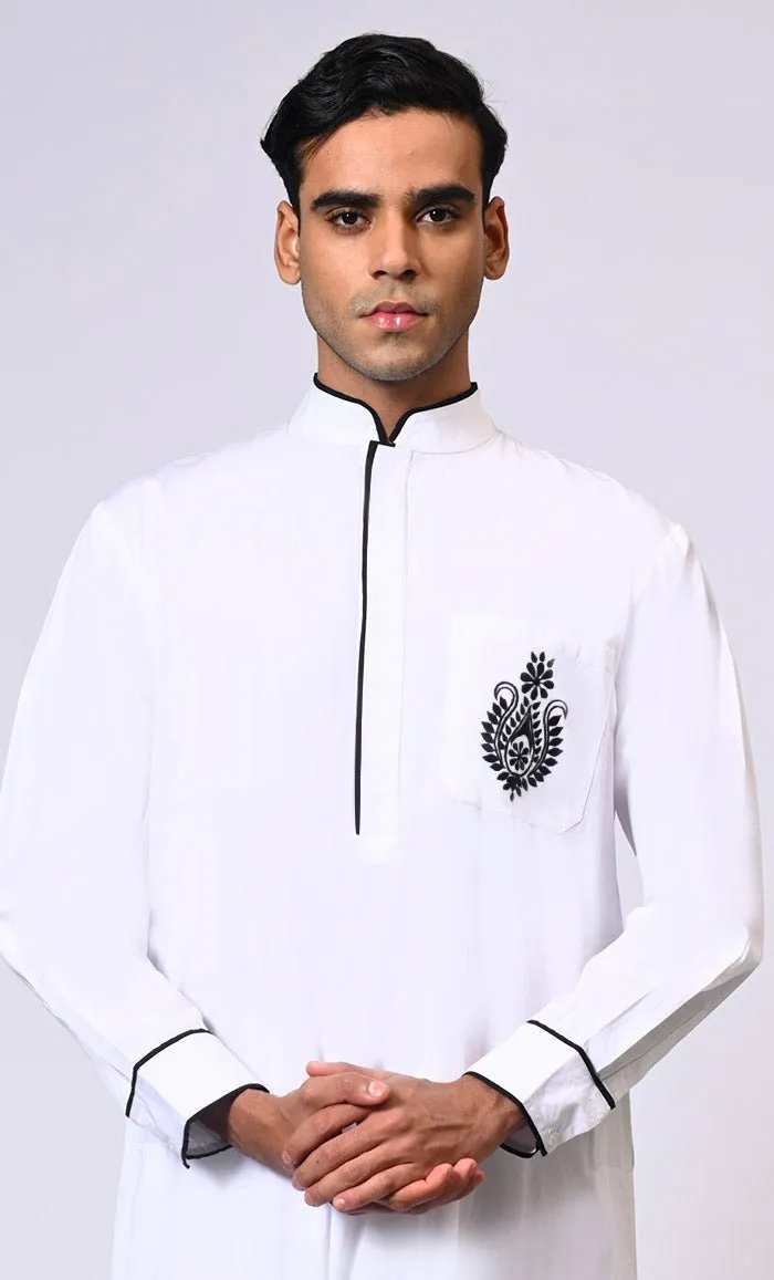 Elevated Elegance: Embroidered Men's White Thobe with Contrasting Trims
