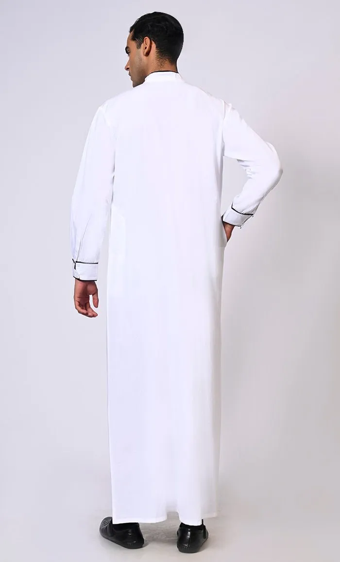 Elevated Elegance: Embroidered Men's White Thobe with Contrasting Trims