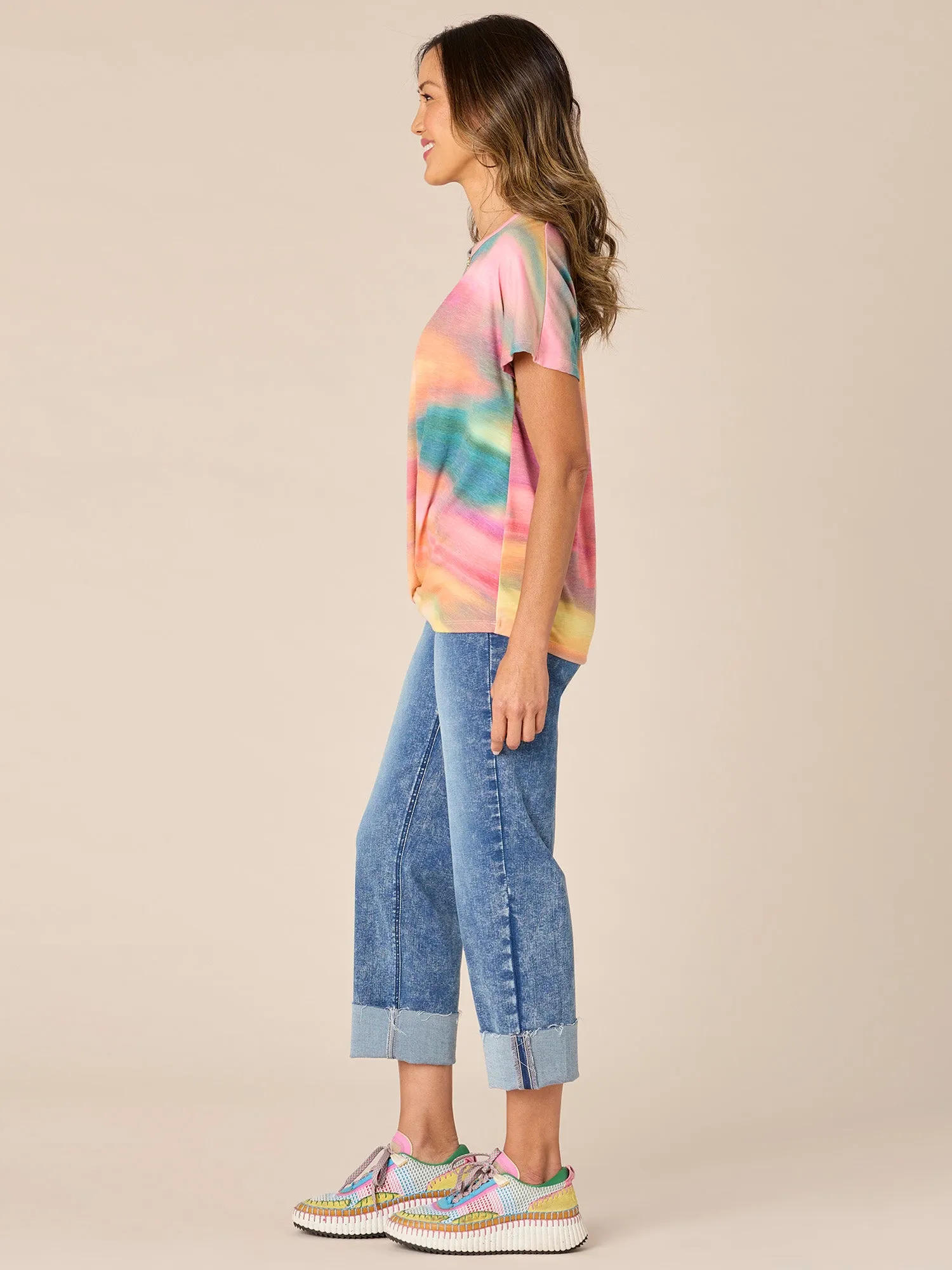 Extended Sleeve Scoop Neck Twist Front Placement Print Petite Knit Top