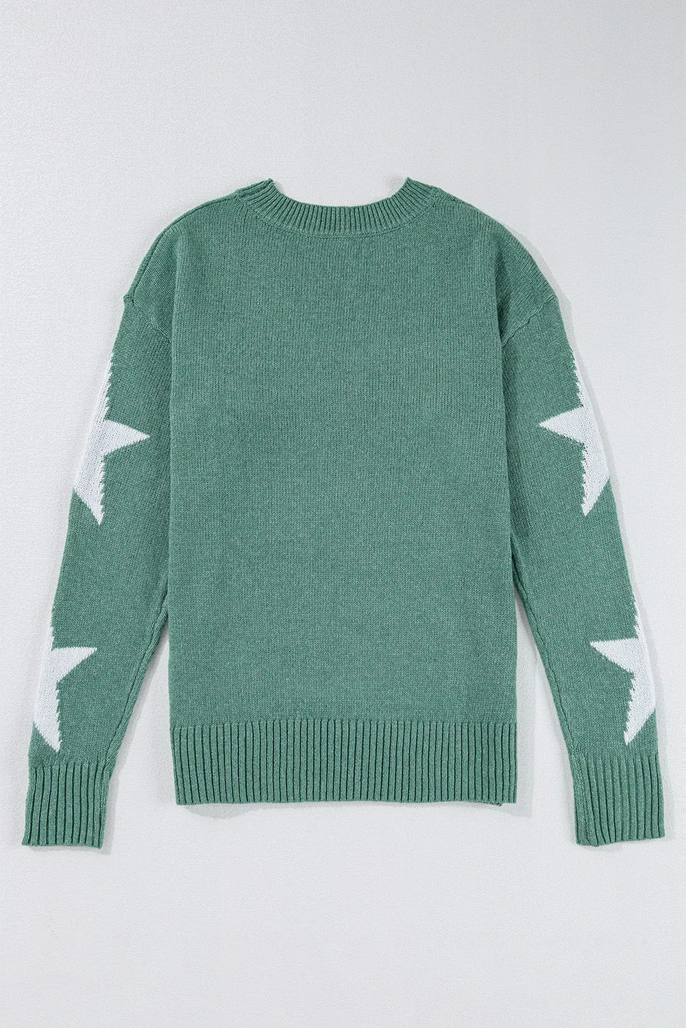 Green Star Pattern Drop Shoulder Sweater