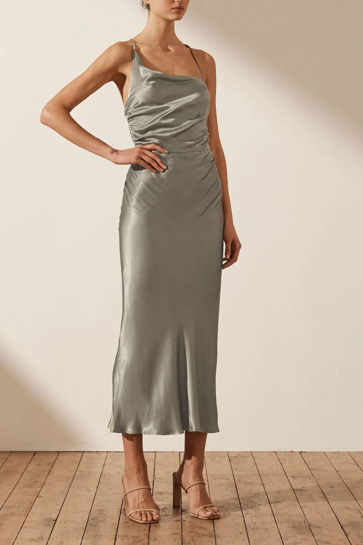 LA LUNE ASYMMETRICAL BIAS COWL MIDI DRESS - SAGE