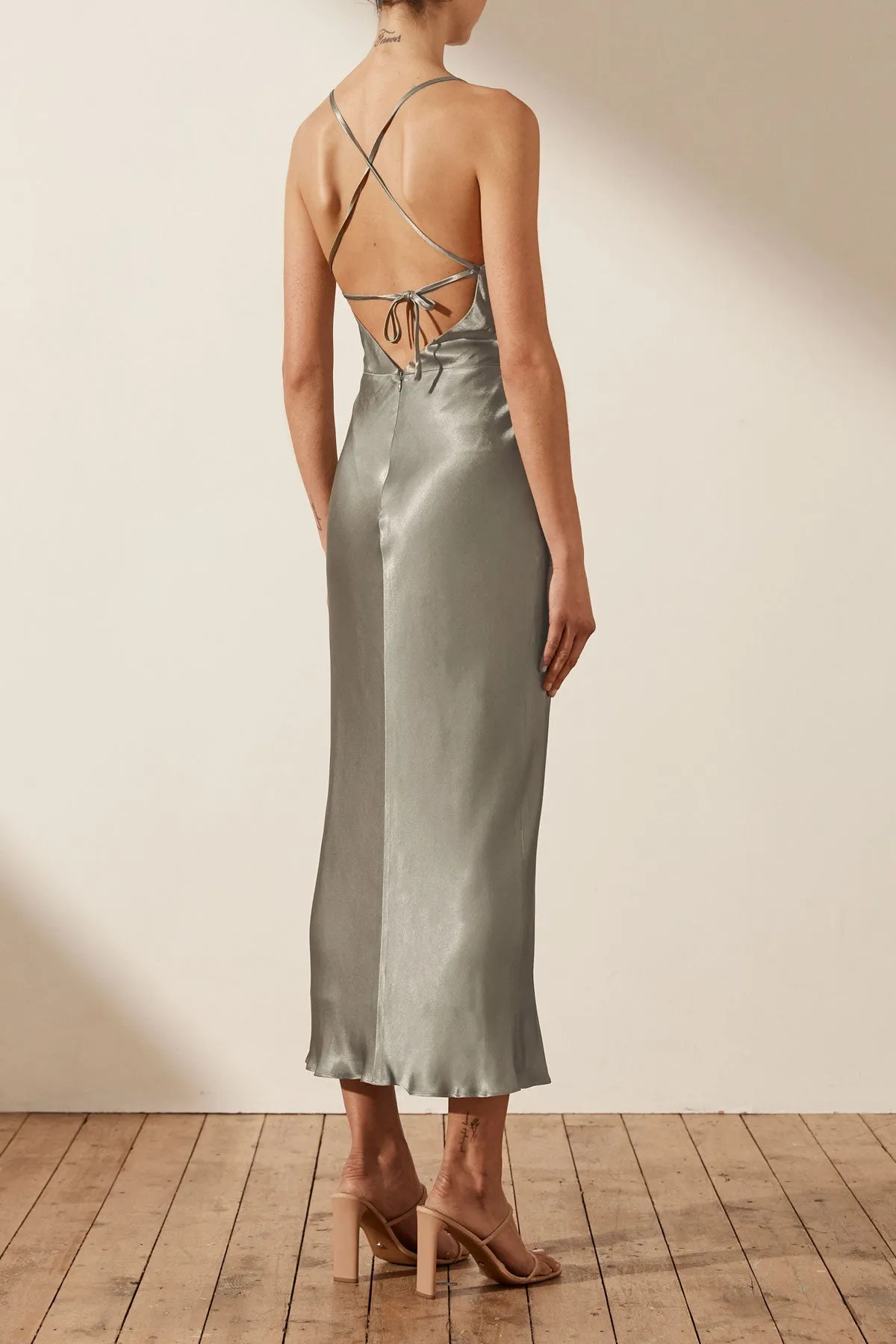 LA LUNE ASYMMETRICAL BIAS COWL MIDI DRESS - SAGE