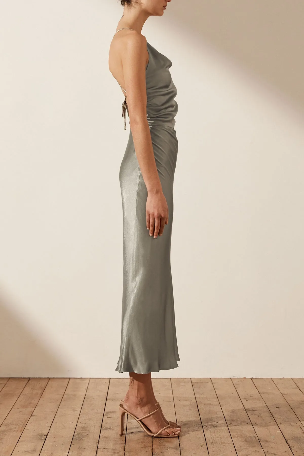 LA LUNE ASYMMETRICAL BIAS COWL MIDI DRESS - SAGE