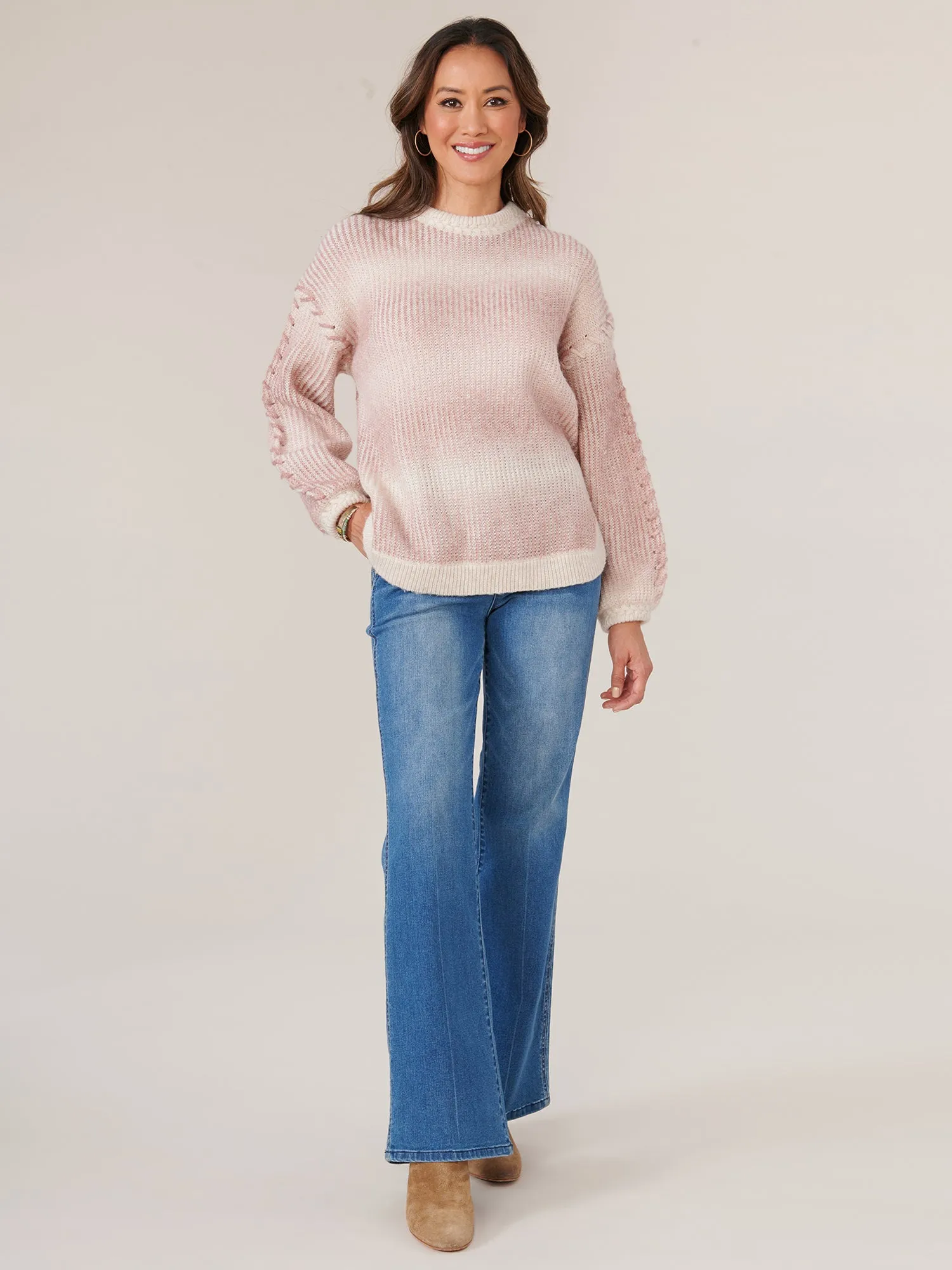 Long Blouson Sleeve Mock Neck Ombre Stripe Whipstitch Detail Sweater