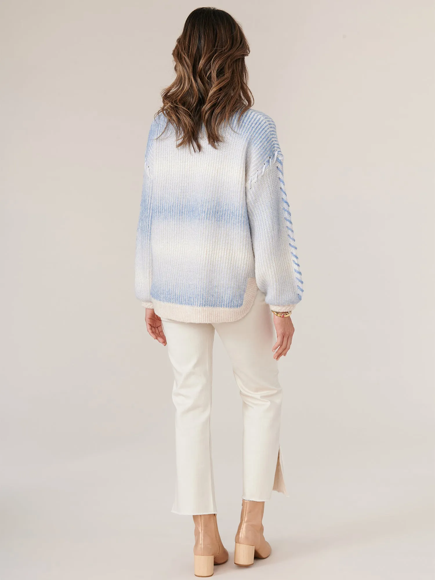 Long Blouson Sleeve Mock Neck Ombre Stripe Whipstitch Detail Sweater