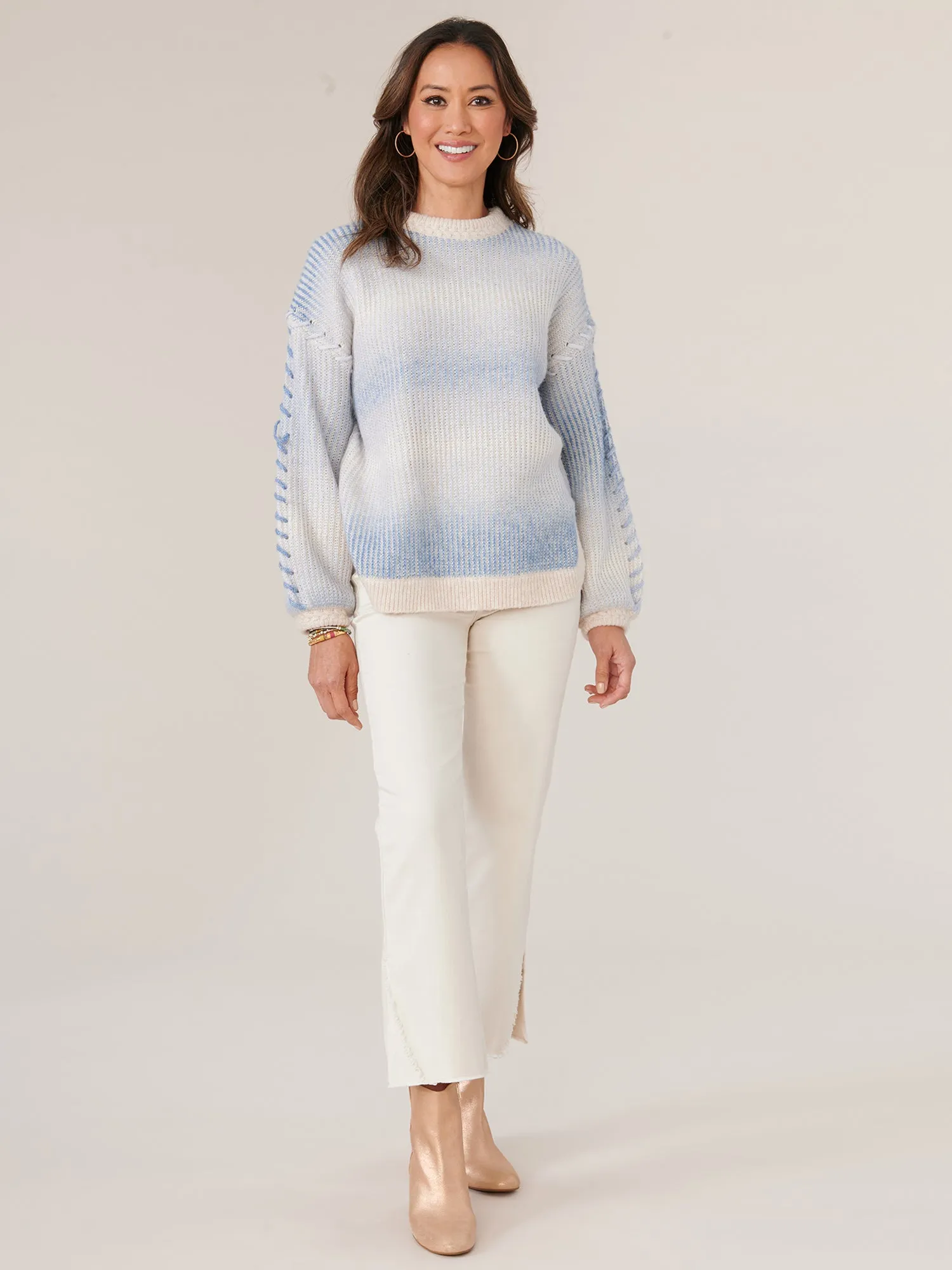 Long Blouson Sleeve Mock Neck Ombre Stripe Whipstitch Detail Sweater