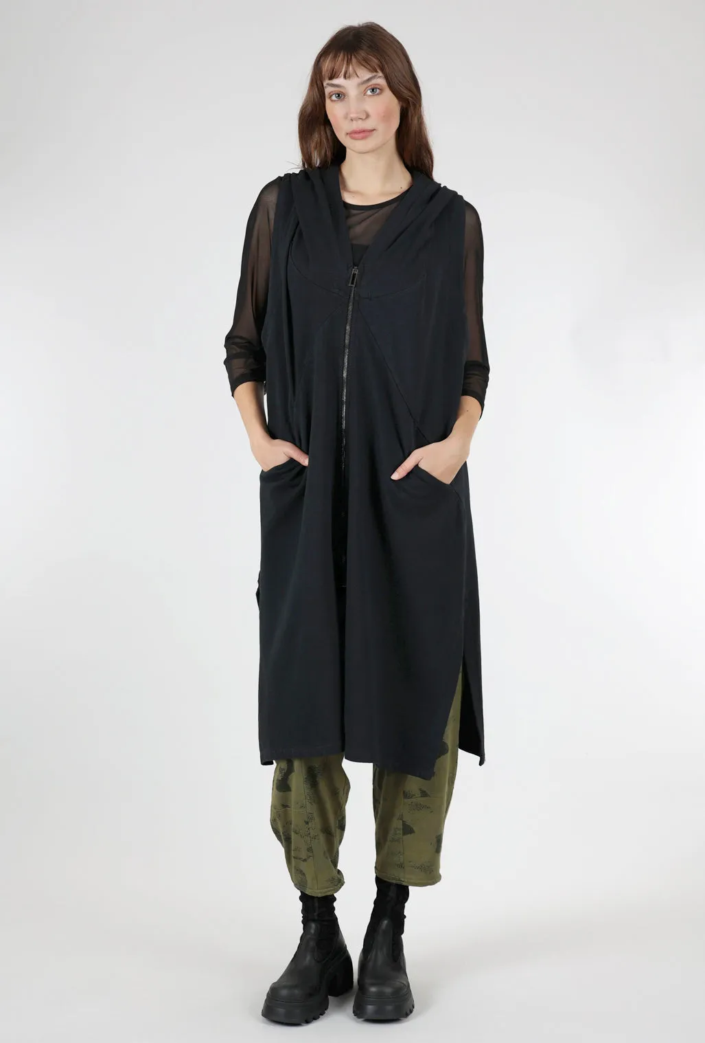 Long Hooded Zip-Up Vest, Black