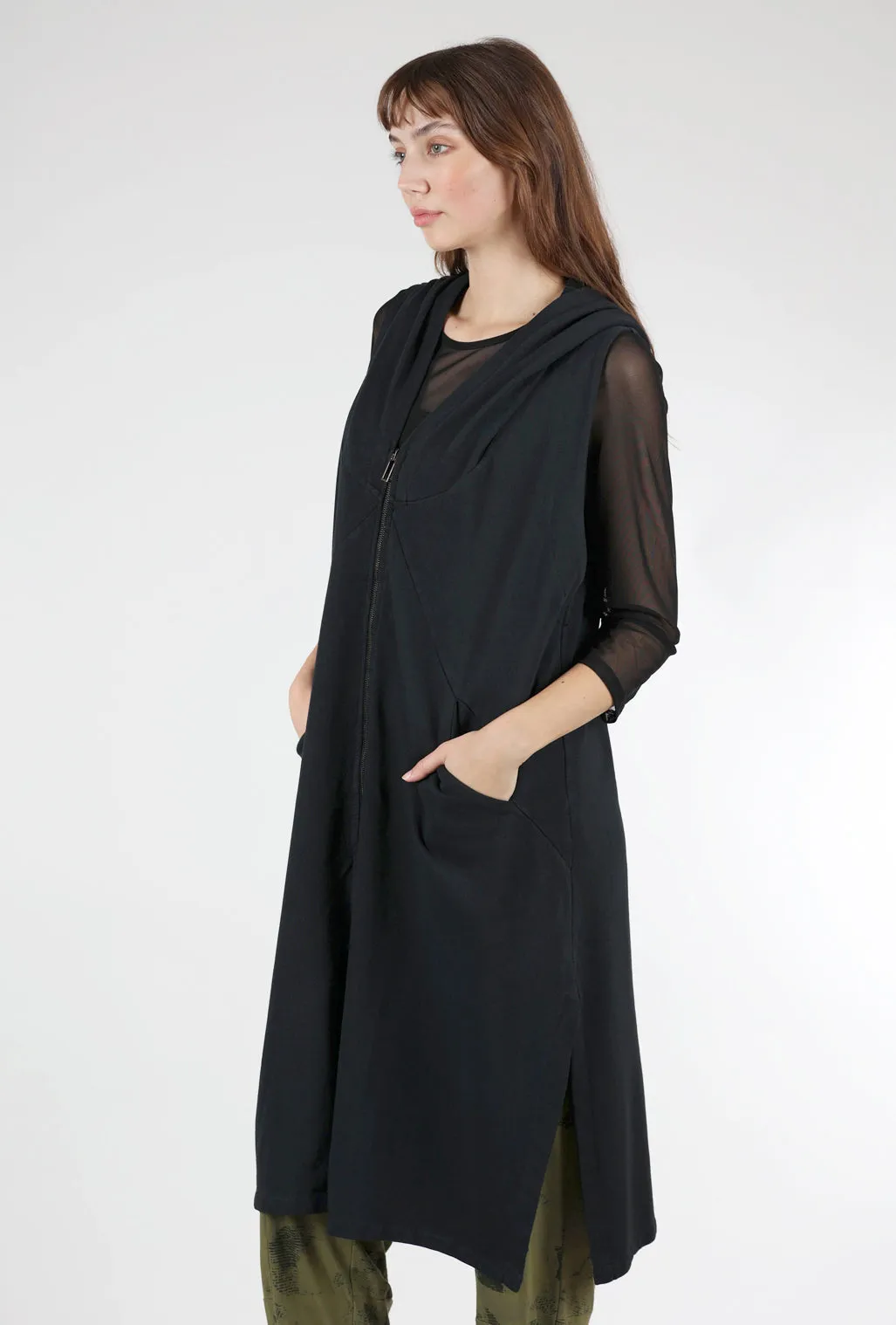 Long Hooded Zip-Up Vest, Black