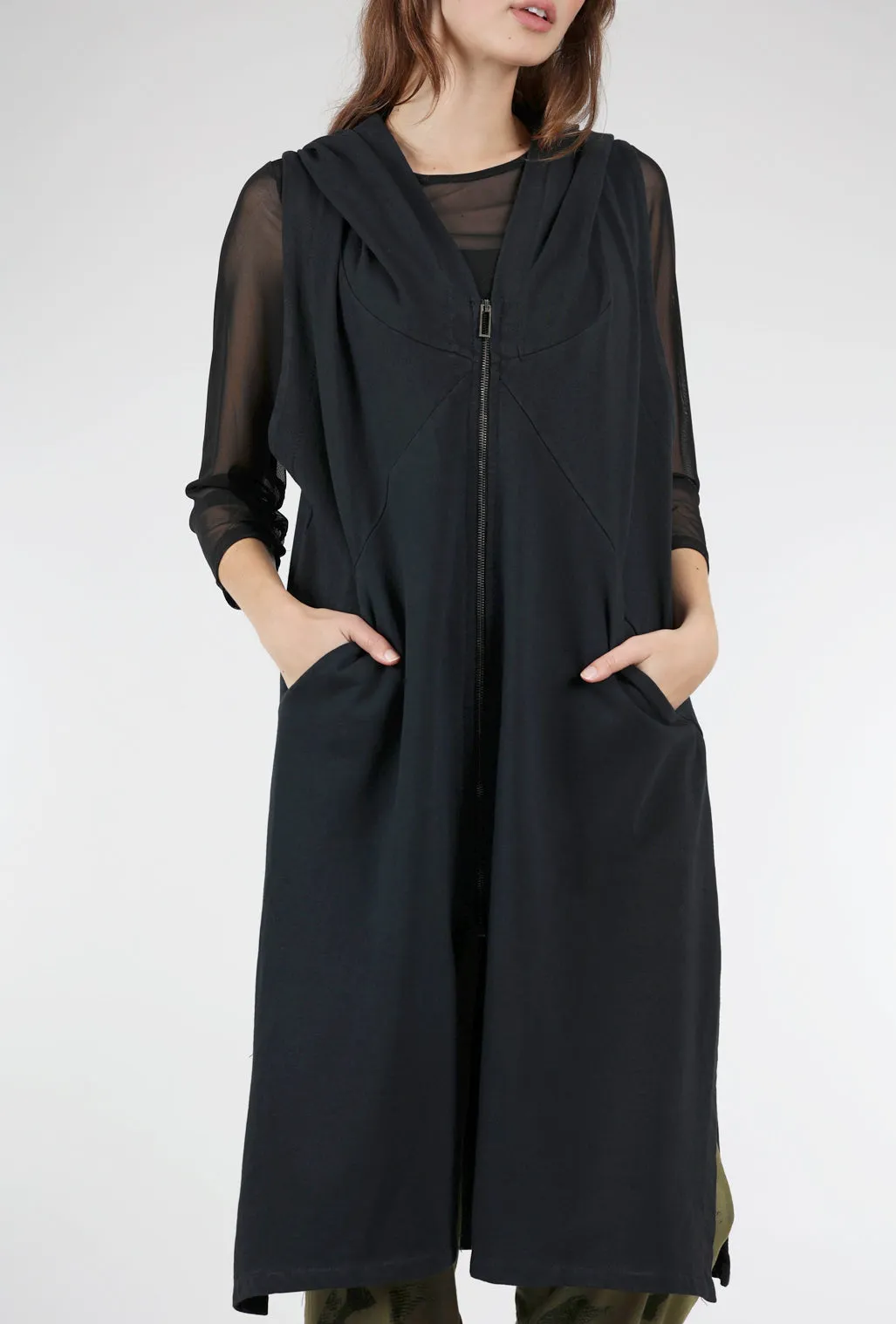 Long Hooded Zip-Up Vest, Black