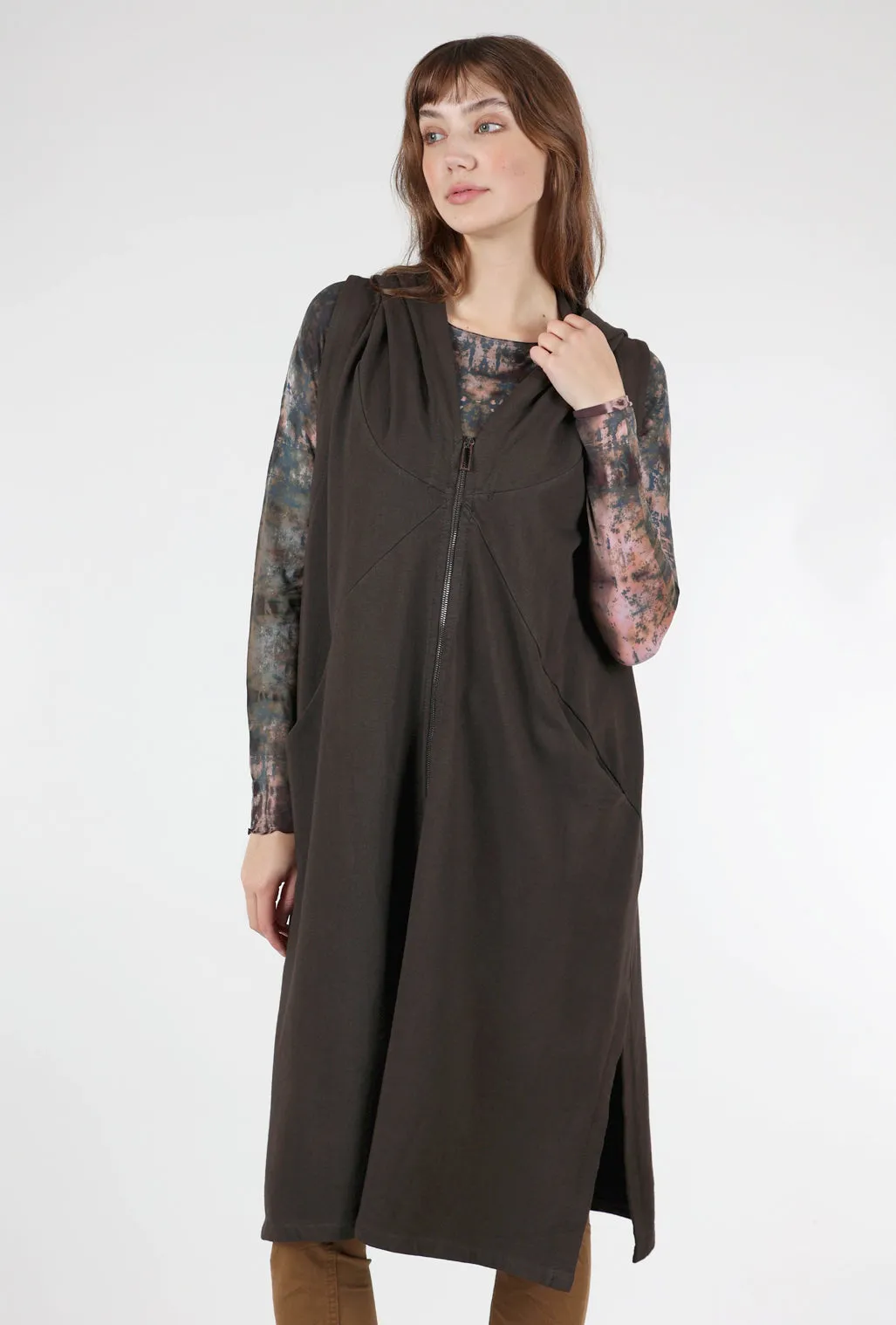 Long Hooded Zip-Up Vest, Cocoa Brown