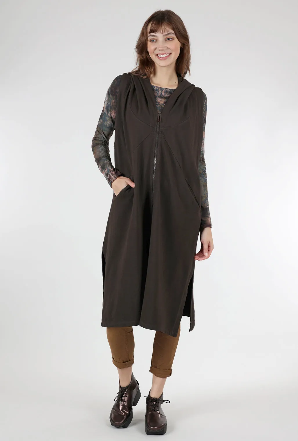 Long Hooded Zip-Up Vest, Cocoa Brown