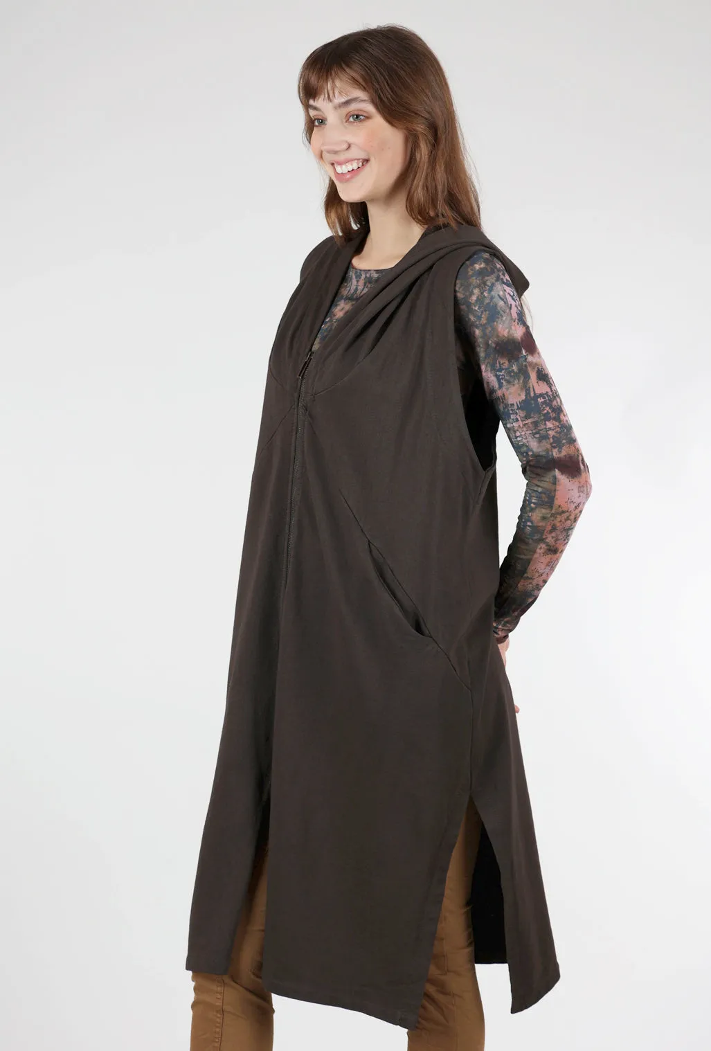 Long Hooded Zip-Up Vest, Cocoa Brown