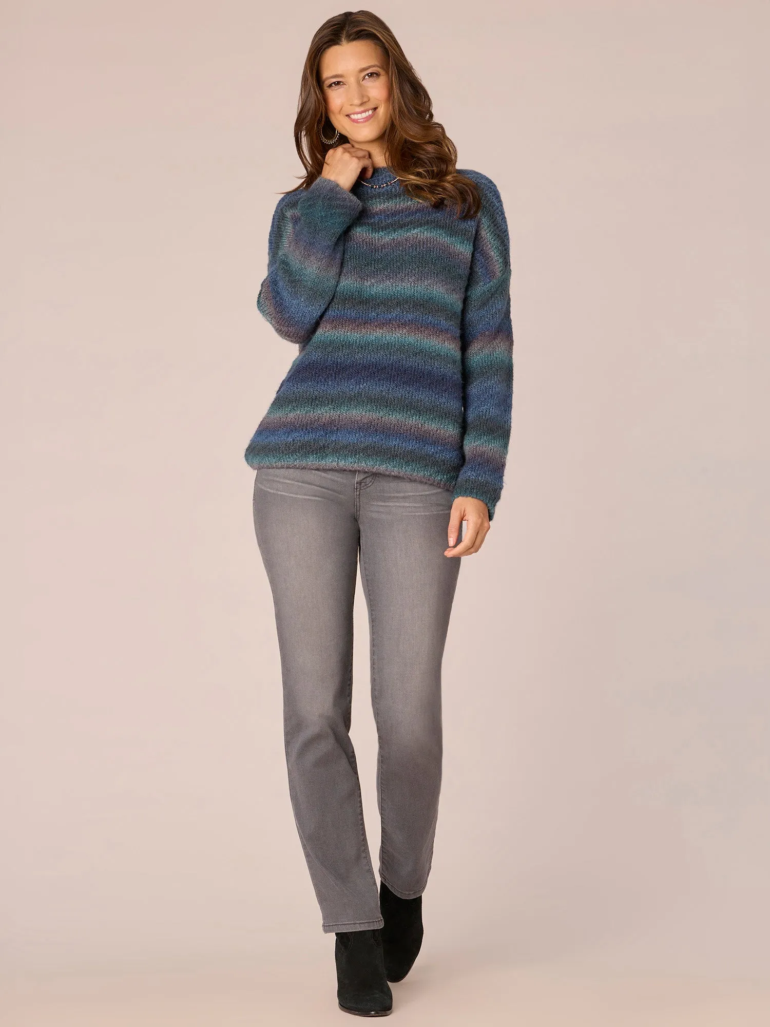 Long Sleeve Funnel Neck Ombre Stripe Petite Sweater