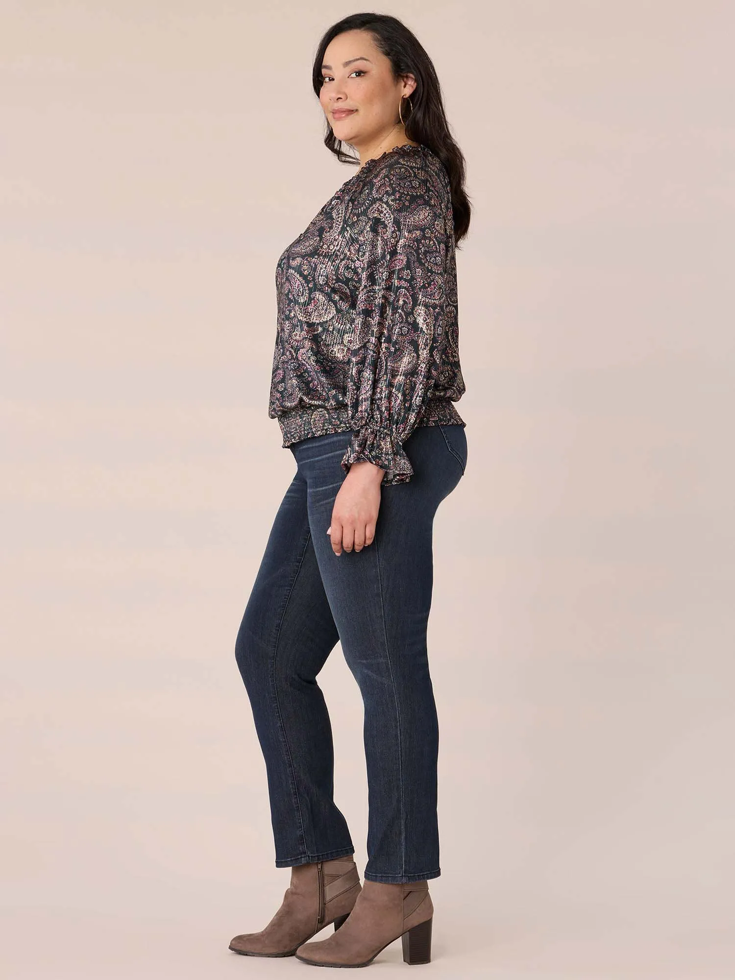 Long Sleeve High Round Neck Printed Plus Size Knit Top