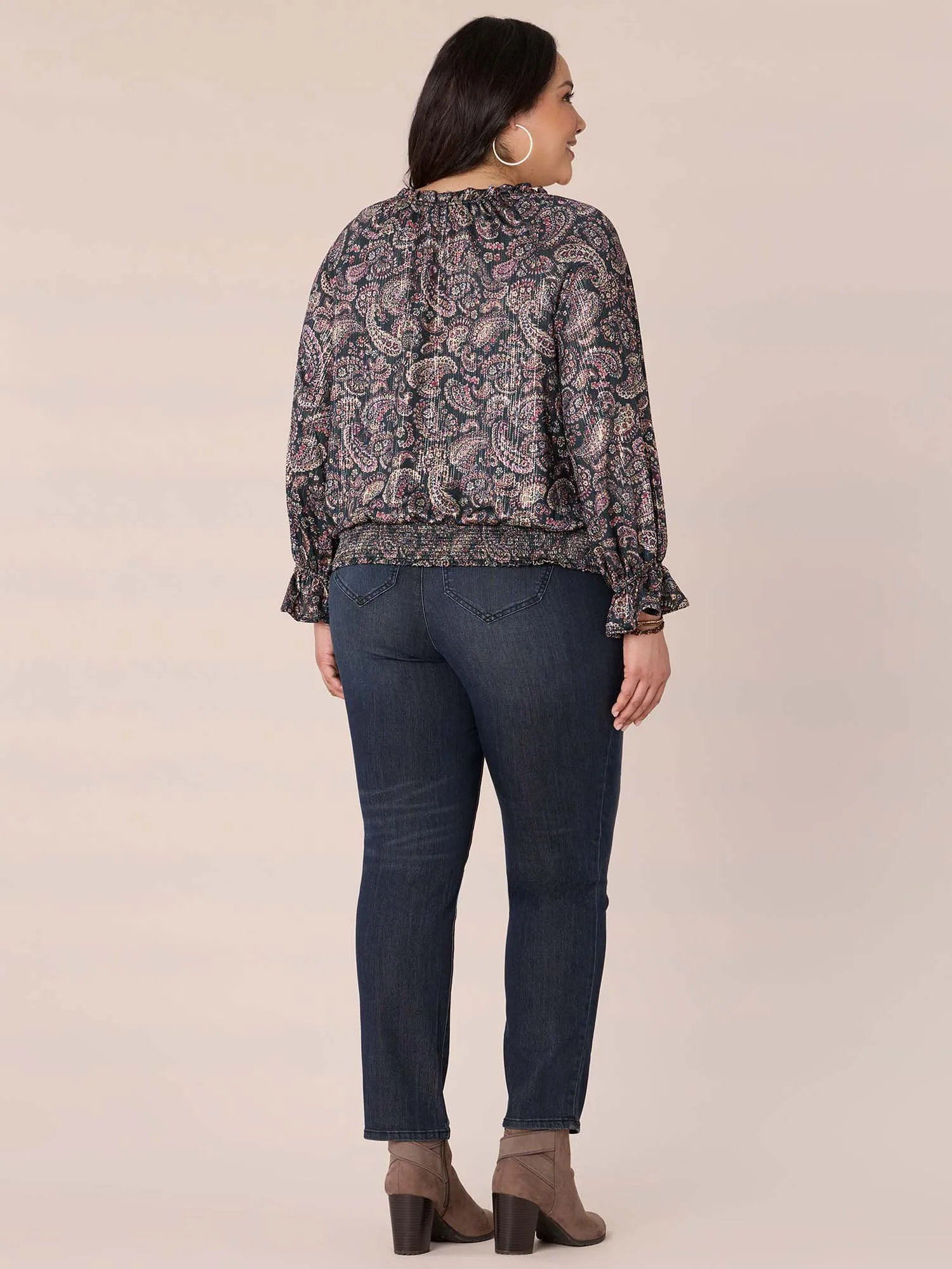 Long Sleeve High Round Neck Printed Plus Size Knit Top